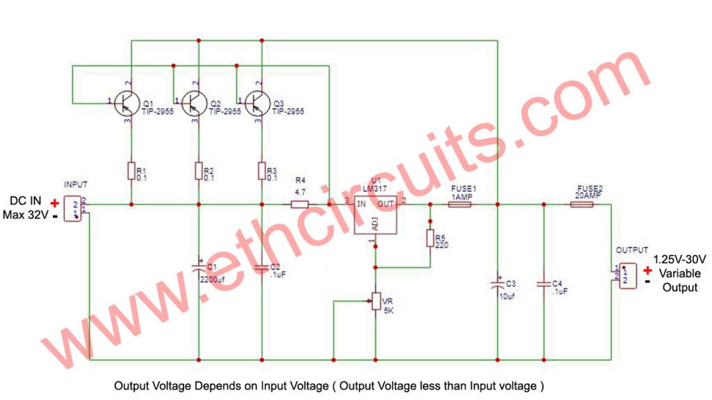 high ampere adjustable power supply circuit with lm317