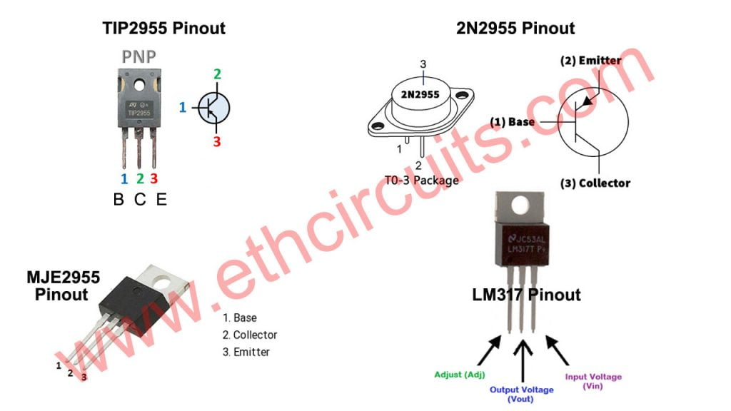 transistor tip2955, mje2955, 2n2955, Voltage regulator LM317 pinout